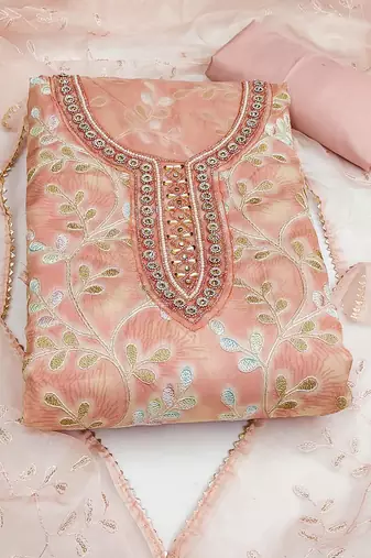light peach organza embroidered dress material