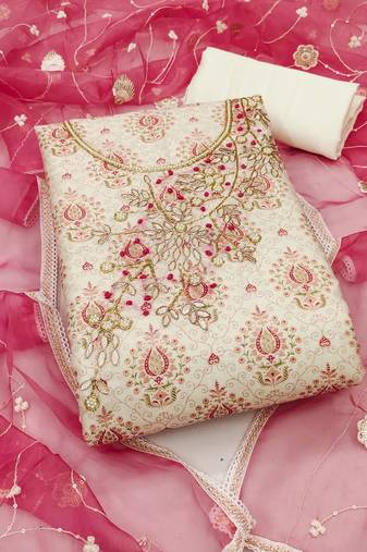 off white cotton hand embroidery dress material