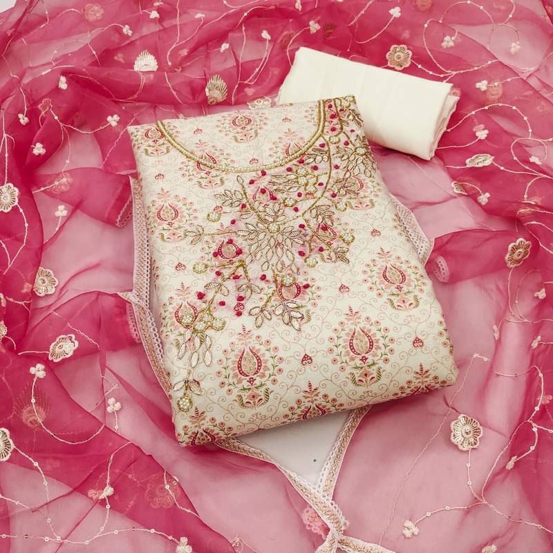 off white cotton hand embroidery dress material