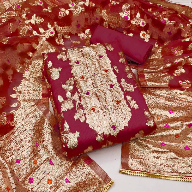 maroon organza hand embroidery dress material