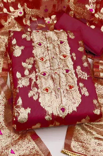 maroon organza hand embroidery dress material