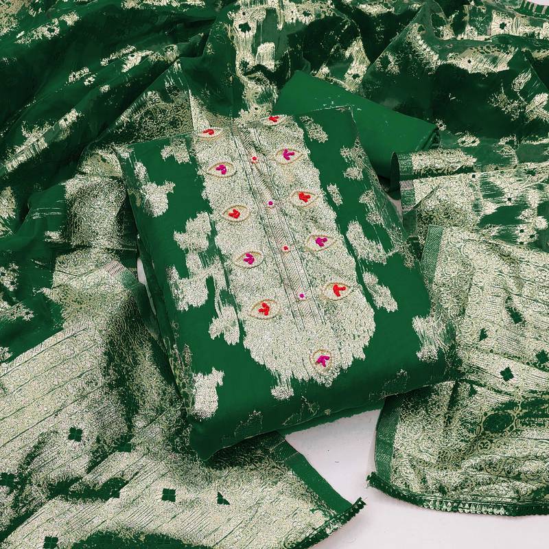 green organza hand embroidery dress material
