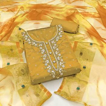 mustard cotton hand embroidery dress material 1