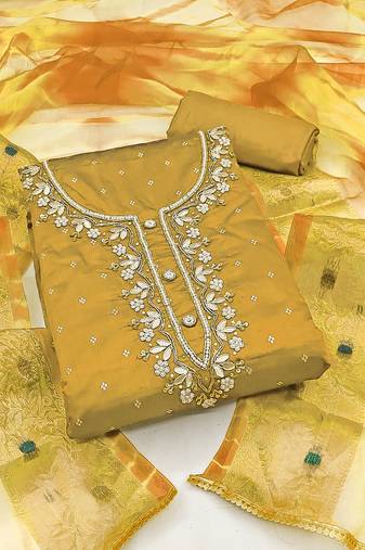 mustard cotton hand embroidery dress material