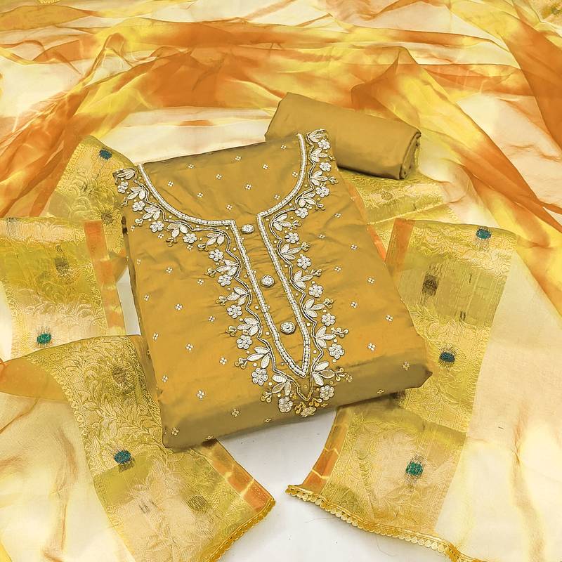 mustard cotton hand embroidery dress material