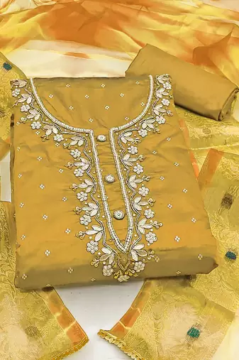 mustard cotton hand embroidery dress material