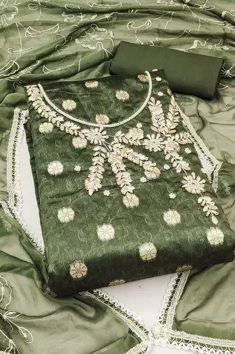 green shimmer woven dress material