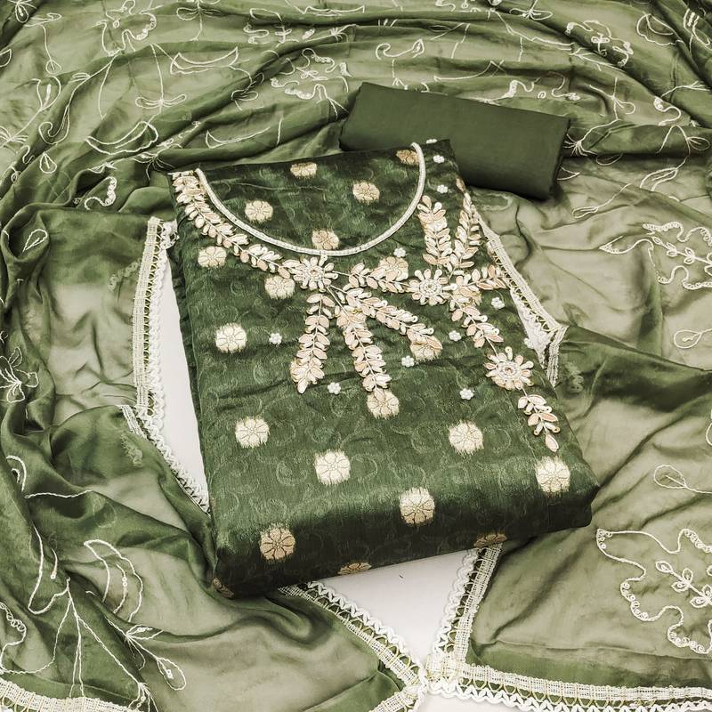 green shimmer woven dress material