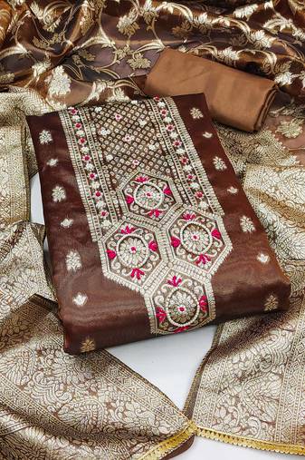 brown shimmer hand embroidery dress material