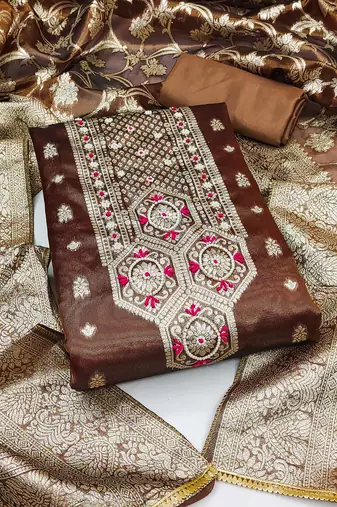 brown shimmer hand embroidery dress material