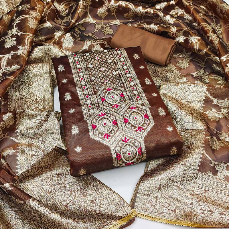 brown shimmer hand embroidery dress material