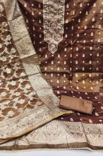 brown shimmer hand embroidery dress material