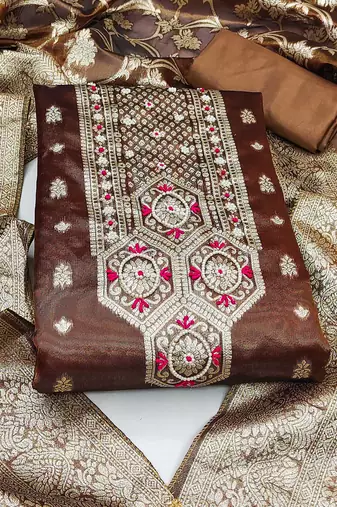 brown shimmer hand embroidery dress material