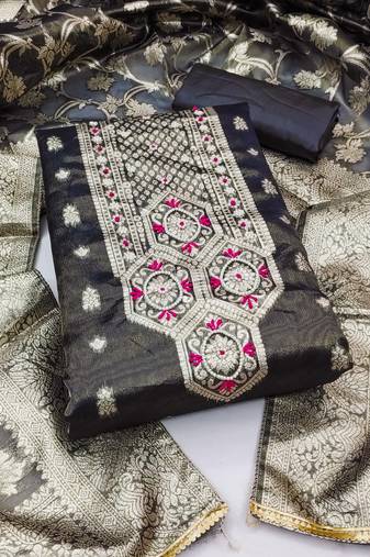 black shimmer hand embroidery dress material