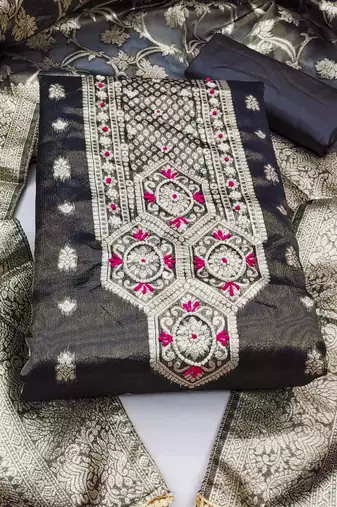 black shimmer hand embroidery dress material