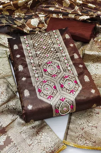 brown shimmer hand embroidery dress material