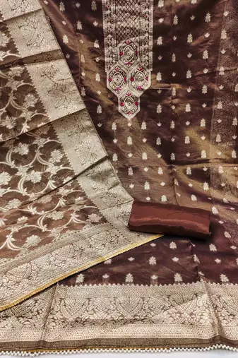 brown shimmer hand embroidery dress material