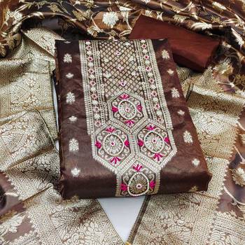 brown shimmer hand embroidery dress material 3