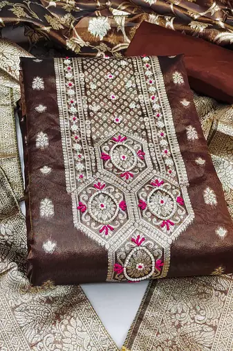 brown shimmer hand embroidery dress material
