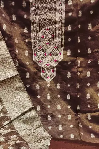 brown shimmer hand embroidery dress material