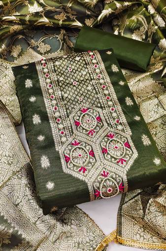 green shimmer hand embroidery dress material