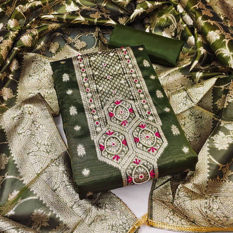 green shimmer hand embroidery dress material