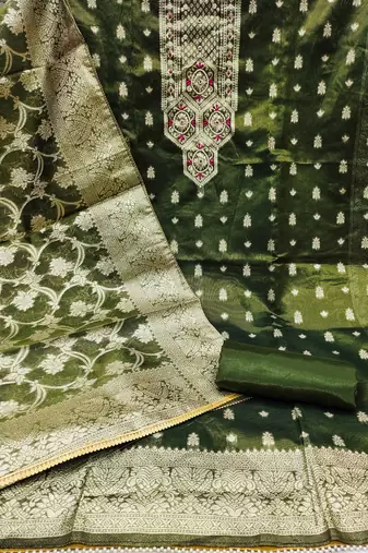 green shimmer hand embroidery dress material