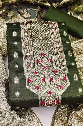 green shimmer hand embroidery dress material