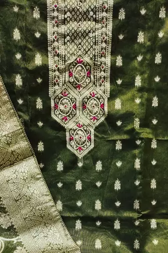 green shimmer hand embroidery dress material