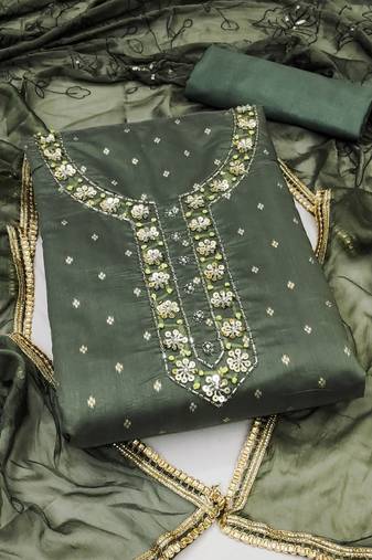 green jacquard hand embroidery dress material