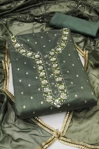 green jacquard hand embroidery dress material