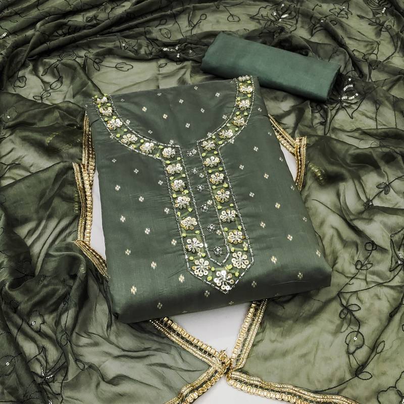 green jacquard hand embroidery dress material