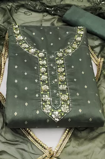 green jacquard hand embroidery dress material