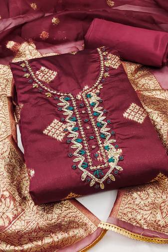 maroon shimmer hand embroidery dress material