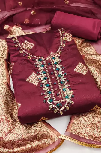 maroon shimmer hand embroidery dress material