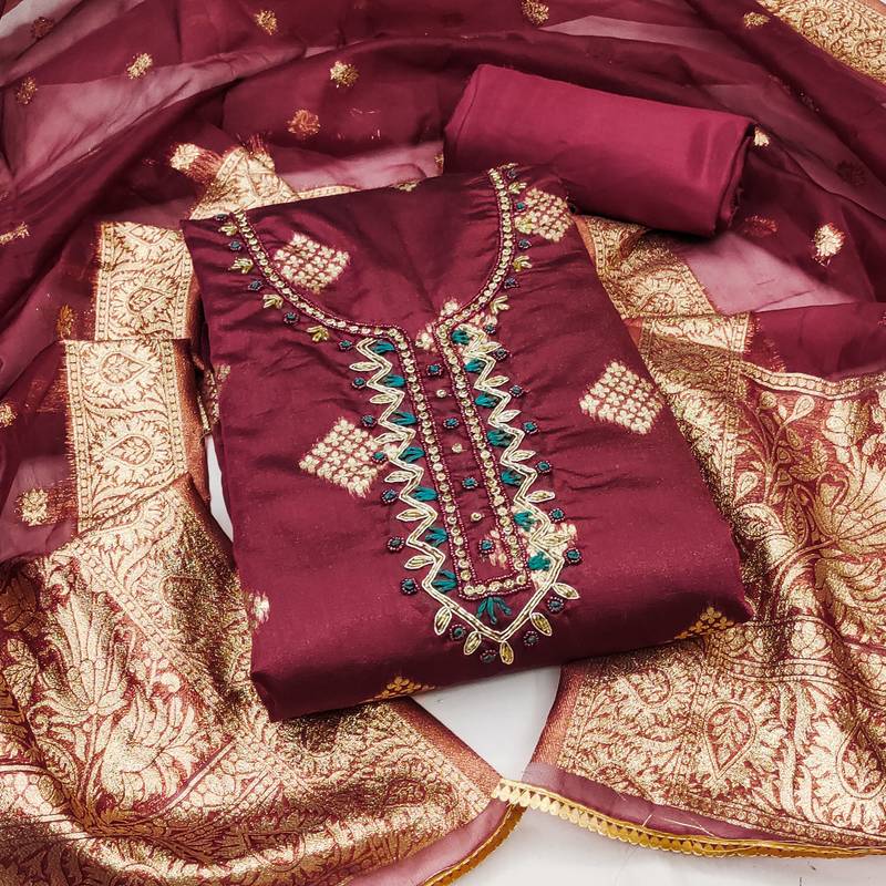 maroon shimmer hand embroidery dress material