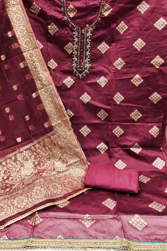 maroon shimmer hand embroidery dress material