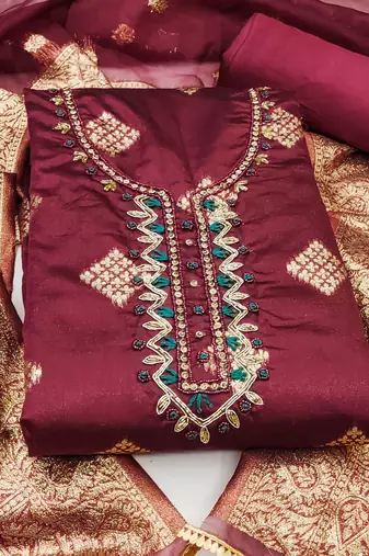 maroon shimmer hand embroidery dress material