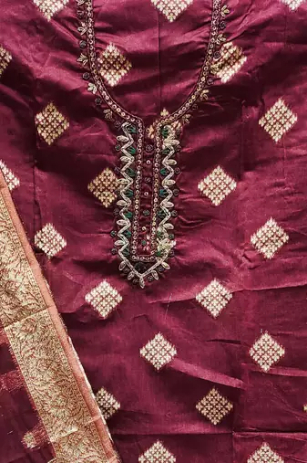 maroon shimmer hand embroidery dress material