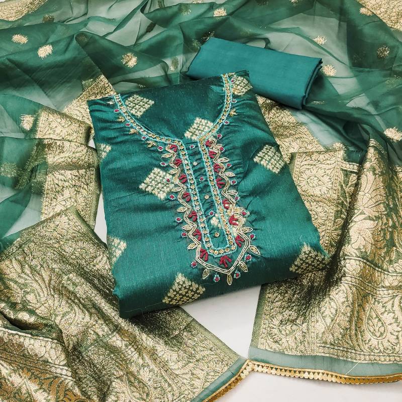 sea green shimmer hand embroidery dress material