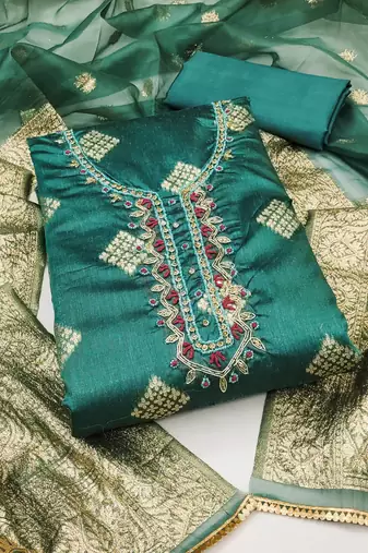 sea green shimmer hand embroidery dress material