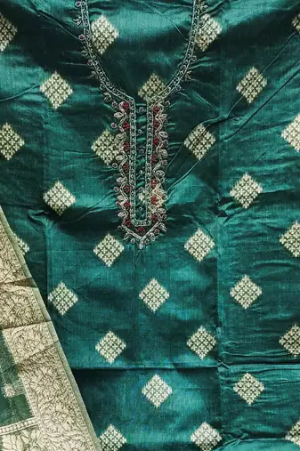 sea green shimmer hand embroidery dress material