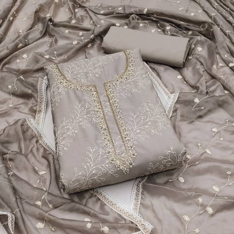 grey cotton sequins dress material