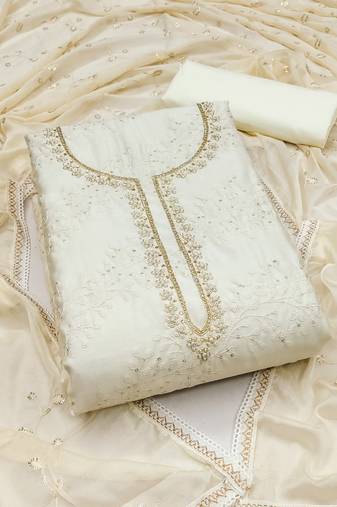white cotton sequins dress material
