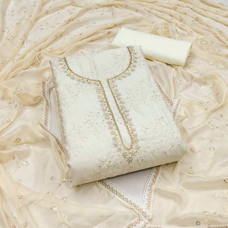 white cotton sequins dress material