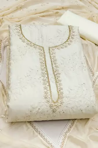 white cotton sequins dress material