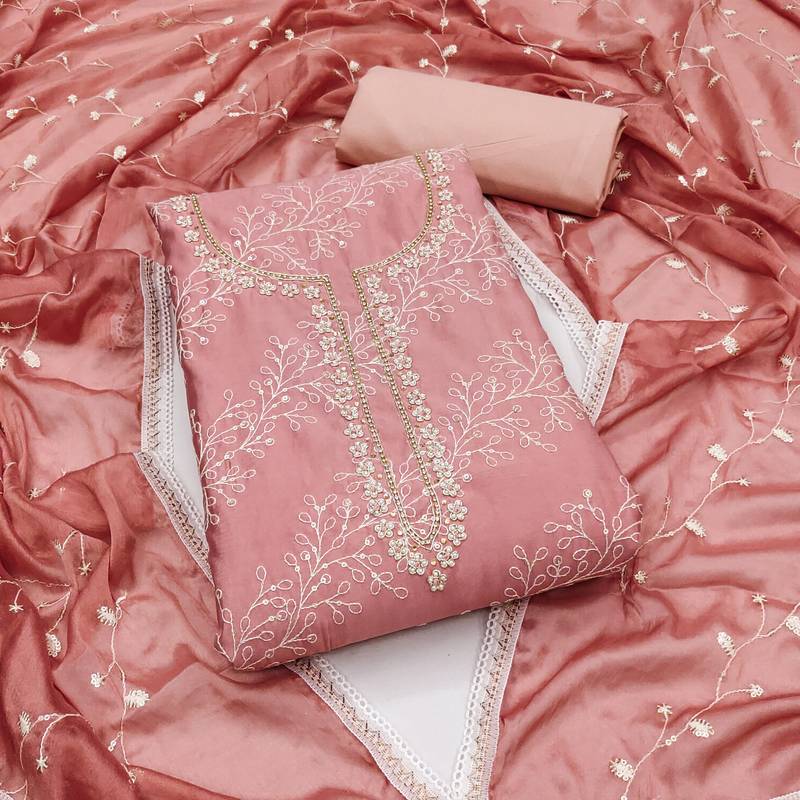 peach cotton sequins dress material