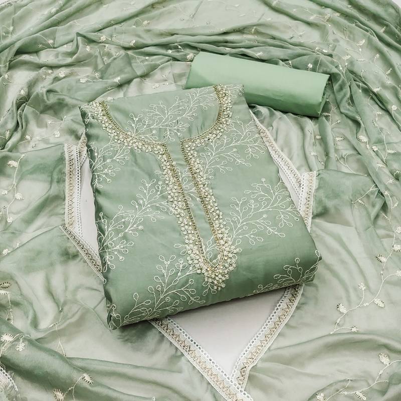 sea green cotton sequins dress material