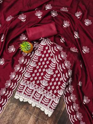 maroon silk blend embroidered dress material 1