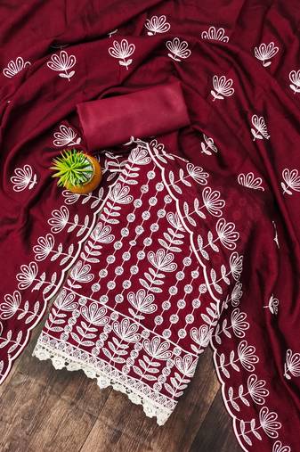 maroon silk blend embroidered dress material